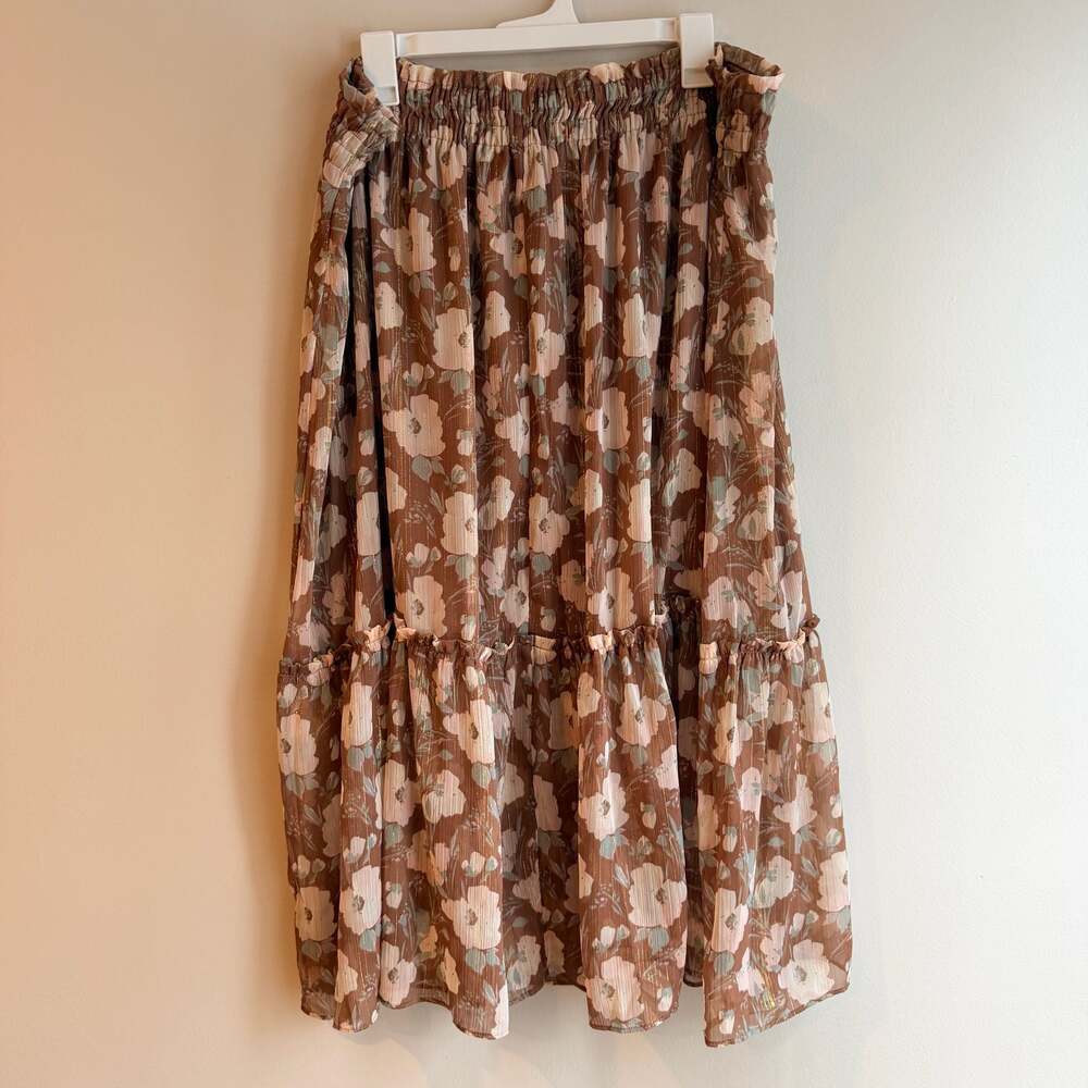 NWT LC Lauren Conrad Women's Plus 2X Floral Ruffle Tiered Midi Skirt in Brown an - Picture 4 of 8